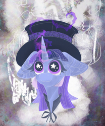 Size: 1700x2048 | Tagged: safe, artist:toxicalgaebloom, oc, oc only, oc:flawless sparklemoon, pony, unicorn, my little pony the movie: the death of twilight sparkle, bust, female, fusion, fusion:trixie, fusion:twilight sparkle, fusion:twixie, hat, horn, mare, portrait, smiling, solo, starry eyes, top hat, wingding eyes