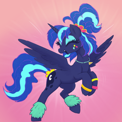 Size: 2400x2400 | Tagged: safe, artist:t72b, princess luna, alicorn, pony, g4, 80s, 80s princess luna, alternate hairstyle, bracelet, cute, dancing, ethereal mane, eyes closed, eyeshadow, female, freckles, gradient background, happy, high res, jewelry, lunabetes, makeup, mare, necklace, open mouth, open smile, ponytail, raised leg, smiling, solo, spread wings, standing, standing on one leg, starry mane, sternocleidomastoid, tail, tail wrap, wings