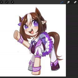 Size: 1620x1620 | Tagged: safe, artist:yuxiangmuer, earth pony, pony, anime, art program in frame, female, mare, open mouth, ponified, procreate app, solo, special week, uma musume pretty derby, wip