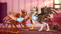 Size: 2810x1573 | Tagged: safe, artist:greenmaneheart, oc, oc only, oc:ospreay, oc:pavlos, griffon, bandage, beak, broken bone, broken wing, cast, cheek fluff, claws, clothes, colored wings, commission, couch, duo, eared griffon, griffon oc, indoors, injured, male, non-pony oc, nonbinary, sling, tail, wings