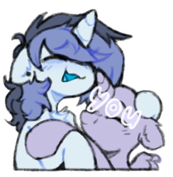 Size: 275x282 | Tagged: safe, artist:flixanoa, oc, oc only, oc:fef, alicorn, pony, unicorn, :3, bags under eyes, blue coat, blue mouth, blue tongue, blush lines, blushing, chest fluff, colored, colored mouth, colored tongue, duo, ear fluff, ear piercing, earring, ears back, eyebrows, eyebrows visible through hair, eyes closed, flat colors, fluffy mane, gauges, horn, hug, jewelry, light blue coat, long mane male, male, male oc, open mouth, open smile, piercing, ponysona, simple background, small wings, smiling, spread wings, stallion, stallion oc, sticker, telegram sticker, thick horn, transparent background, unicorn horn, unicorn oc, wings