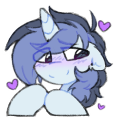 Size: 284x291 | Tagged: safe, artist:flixanoa, oc, oc only, oc:fef, pony, unicorn, big eyes, blue coat, blush lines, blushing, bust, colored blushing, ear fluff, ear piercing, eye clipping through hair, eyebrows, eyebrows visible through hair, fingers together, floating heart, floppy ears, fluffy mane, gauges, gray eyes, heart, hooves together, horn, light blue coat, looking away, male, male oc, outline, piercing, ponysona, purple blush, shaggy mane, simple background, smiling, solo, stallion oc, sticker, telegram sticker, thick horn, transparent background, two toned mane, unicorn horn, white outline