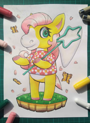 Size: 2845x3878 | Tagged: safe, artist:partypievt, fluttershy, butterfly, insect, pony, anthro, g4, animal crossing, bug net, cherry blossoms, crossover, cute, female, flower, flower blossom, mare, net, shyabetes, solo, style emulation, traditional art