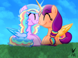 Size: 2160x1620 | Tagged: safe, artist:jesslmc16, izzy moonbow, sunny starscout, alicorn, pony, g5, alicornified, alternate hairstyle, artificial horn, artificial wings, augmented, cloud, duo, duo female, eyes closed, female, grass, horn, izzy rainbow, izzycorn, lesbian, looking at each other, looking at someone, lying down, mane stripe sunny, mare, outdoors, race swap, ship:moonscout, shipping, sky, smiling, smiling at each other, sunnycorn, wings