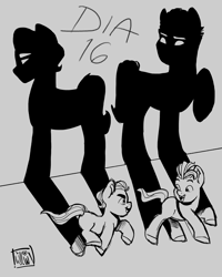 Size: 2160x2700 | Tagged: safe, artist:twillow, hitch trailblazer, sprout cloverleaf, earth pony, pony, g5, colt, colt hitch trailblazer, colt sprout cloverleaf, duo, duo male, foal, gray background, grayscale, high res, hitch idiot, male, monochrome, running, shadow, simple background, stallion, unitober 2024, younger