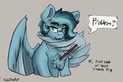 Size: 2047x1375 | Tagged: safe, artist:reddthebat, oc, oc only, oc:alaska (reddthebat), ghost, ghost pony, pegasus, pony, adorasmug, arrow, blood, bust, chest fluff, cute, dialogue, female, gray background, lidded eyes, looking at you, mare, signature, simple background, smiling, smiling at you, smug, solo, speech bubble