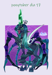 Size: 1280x1859 | Tagged: safe, artist:zackchibi, queen chrysalis, changeling, changeling queen, spider, g4, clothes, costume, deviantart watermark, female, glowing, glowing horn, horn, mare, monster, obtrusive watermark, open mouth, passepartout, ponytober, ponytober 2024, signature, solo, watermark