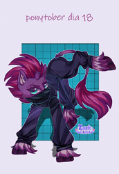 Size: 1984x2880 | Tagged: safe, artist:zackchibi, tempest shadow, pony, unicorn, g4, broken horn, cloven hooves, female, horn, leonine tail, mare, mask, ninja, ninja costume, passepartout, ponytober, ponytober 2024, signature, solo, tail, unshorn fetlocks