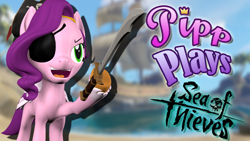 Size: 1920x1080 | Tagged: safe, artist:pika-robo, pipp petals, pegasus, pony, series:pipp plays, g4, g5, 3d, fake thumbnail, female, g5 to g4, gamer pipp, generation leap, hat, hoof hold, let's play, mare, open mouth, open smile, outdoors, pirate, pirate hat, sea of thieves, smiling, solo, source filmmaker, sword, weapon, youtube thumbnail