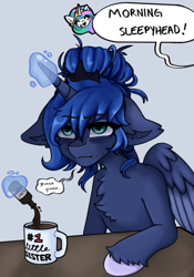 Size: 1911x2732 | Tagged: safe, artist:kittygutzzart, princess celestia, princess luna, alicorn, pony, g4, alcohol, chest fluff, coffee, drink, eyebrows, eyebrows visible through hair, female, glowing, glowing horn, groggy, grumpy, horn, magic, mare, messy mane, offscreen character, royal sisters, siblings, sisters, speech bubble, table, telekinesis, tired, unshorn fetlocks