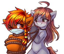 Size: 4164x3508 | Tagged: safe, alternate version, artist:chaosangeldesu, oc, oc only, oc:flaming hoof, earth pony, pegasus, pony, bondage, cloth gag, commission, duo, gag, one eye closed, one eye open, over the nose gag, rope, rope bondage, simple background, sketch, transparent background