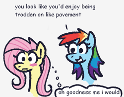 Size: 649x506 | Tagged: safe, artist:zoeyhorse, fluttershy, rainbow dash, pegasus, pony, g4, :|, blush sticker, blushing, bust, dialogue, duo, duo female, female, lesbian, mare, open mouth, open smile, ship:flutterdash, shipping, simple background, smiling, thought bubble, white background