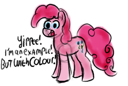 Size: 1200x800 | Tagged: safe, artist:zoeyhorse, pinkie pie, earth pony, pony, g4, breaking the fourth wall, colored sketch, dialogue, female, mare, open mouth, open smile, simple background, sketch, smiling, solo, white background