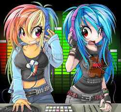 Size: 1570x1450 | Tagged: safe, artist:totalhate, dj pon-3, rainbow dash, vinyl scratch, human, g4, abstract background, belt, blue hair, bracelet, breasts, busty rainbow dash, clothes, cutie mark on clothes, domo, dubstep, duo, duo female, female, fingerless gloves, gloves, grin, headphones, humanized, jacket, jewelry, listening, listening to music, long hair, looking at each other, looking at someone, multicolored hair, music, open mouth, open smile, pants, purple eyes, rainbow hair, red eyes, sharing, sharing headphones, shirt, smiling, t-shirt, teeth