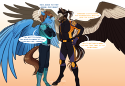 Size: 3132x2164 | Tagged: safe, artist:blackblood-queen, oc, oc only, oc:buck shot, oc:smokescreen, pegasus, anthro, unguligrade anthro, anthro oc, commission, competition, crossed arms, dialogue, digital art, facial hair, gradient background, looking at each other, looking at someone, male, pegasus oc, racing suit, smiling, speech bubble, spread wings, stallion, wings