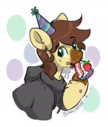 Size: 1685x1974 | Tagged: safe, artist:opalacorn, oc, oc only, oc:caspasin42, earth pony, pony, abstract background, birthday, birthday cake, bust, cake, calpain, clothes, eating, eyebrows, eyebrows visible through hair, food, hat, herbivore, hoodie, hoof hold, looking at you, male, party hat, solo, stallion