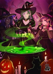 Size: 1471x2048 | Tagged: safe, artist:inkrred, princess cadance, princess celestia, princess luna, cat, human, equestria girls, g4, bottle, candle, cauldron, choker, comic interpretation, elf ears, equestria girls interpretation, female, halloween, hat, holiday, horn, horned humanization, jack-o-lantern, lidded eyes, looking at you, pumpkin, scene interpretation, smiling, smiling at you, trio, trio female, witch, witch hat, zoom layer