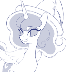 Size: 1590x1677 | Tagged: safe, artist:risswm, princess luna, alicorn, pony, g4, female, hat, lidded eyes, mare, monochrome, no catchlights, open mouth, open smile, simple background, smiling, solo, white background, witch hat