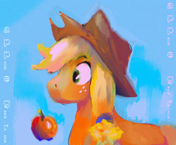 Size: 1236x1017 | Tagged: safe, artist:punkittdev, applejack, earth pony, pony, g4, apple, applejack's hat, bust, cowboy hat, female, food, hat, mare, painterly, profile, solo, stetson, text