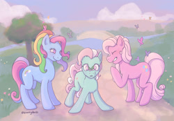 Size: 2048x1430 | Tagged: safe, artist:starryducks, minty, pinkie pie (g3), rainbow dash (g3), butterfly, earth pony, pony, g3, butterfly on nose, eyes closed, female, grin, insect on nose, mare, no pupils, outdoors, signature, smiling, trio, trio female