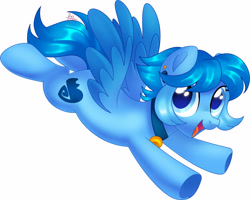 Size: 3500x2804 | Tagged: safe, artist:fizzlefer, oc, oc only, pegasus, pony, bell, bell collar, collar, flying, high res, open mouth, open smile, ponysona, simple background, smiling, solo, spread wings, white background, wings