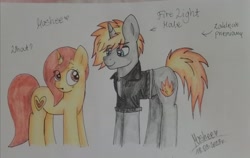 Size: 2974x1874 | Tagged: safe, artist:mashee, oc, oc:fire light, oc:mashee, unicorn, g4, blue eyes, blushing, boyfriend and girlfriend, brown eyes, brown mane, clothes, duo, duo male and female, female, girlfriend, height difference, horn, jacket, leather, leather jacket, looking at each other, looking at someone, male, mane of fire, pencil drawing, photo, rule 63, shocked, shocked expression, simple background, spell, tail, tail of fire, traditional art, transformation, white background