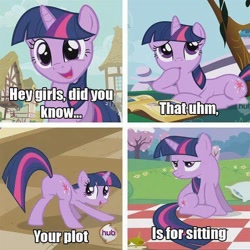 Size: 480x480 | Tagged: safe, edit, edited screencap, screencap, twilight sparkle, pony, unicorn, a canterlot wedding, friendship is magic, g4, season 1, season 2, 4 panel comic, book, butt, cloud, comic, cropped, cute, dialogue, face down ass up, female, hey girls did you know, hoof on chin, horn, house, hub logo, logo, lying down, mare, open mouth, outdoors, picnic, picnic blanket, plot, ponyville, prone, raised hoof, screencap comic, sitting, sky, solo, sunshine sunshine, text, the hub, tree, twiabetes, twibutt, twilight sparkle is not amused, unamused, unicorn twilight