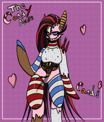 Size: 1200x1400 | Tagged: safe, artist:ponie pie, oc, oc:candymare, anthro, fanfic:something sweet to bite, candy, cel shading, female, food, patterned background, shading, solo