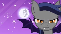 Size: 1992x1120 | Tagged: safe, artist:fearlescriss, edit, oc, oc only, oc:echo, bat pony, pony, g4, angry, fangs, looking at you, mare in the moon, moon, night, outdoors, solo, spread wings, stars, wings