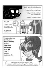 Size: 1732x2756 | Tagged: safe, artist:cybersquirrel, sci-twi, starlight glimmer, twilight sparkle, human, comic:take a seat miss sparkle, equestria girls, g4, clock, clothes, comic, desk, dialogue, evil smile, female, monochrome, school uniform, smiling, text