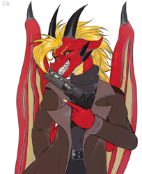 Size: 2019x2473 | Tagged: safe, artist:raychelrage, oc, oc only, dragon, anthro, anthro oc, gun, handgun, revolver, simple background, solo, white background