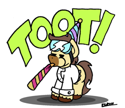 Size: 996x856 | Tagged: safe, artist:bobthedalek, oc, oc only, oc:caspasin42, earth pony, pony, goggles, goggles on head, hat, party hat, party horn, simple background, solo, white background