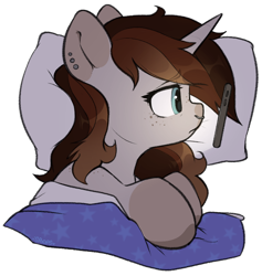 Size: 850x898 | Tagged: safe, artist:itsspoops, oc, oc only, oc:spipples, pony, unicorn, bed, cute, ear piercing, earring, female, freckles, horn, jewelry, mare, markings, nose piercing, nose ring, phone, piercing, pillow, sad, simple background, solo, transparent background