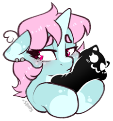 Size: 519x556 | Tagged: safe, artist:itsspoops, oc, oc only, oc:scoops, oc:spookitty, pony, unicorn, blushing, cute, ear piercing, earring, female, horn, jewelry, mare, markings, piercing, plushie, sad, simple background, solo, sulking, transparent background