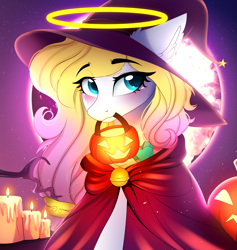 Size: 4087x4307 | Tagged: safe, artist:2pandita, oc, oc only, oc:angel light, pony, candle, halo, hat, moon, mouth hold, night, outdoors, pumpkin bucket, solo, witch hat