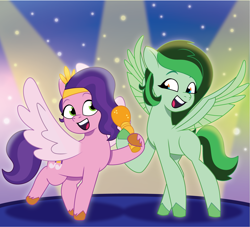 Size: 1801x1633 | Tagged: safe, artist:prixy05, pipp petals, oc, oc:eden shallowleaf, pegasus, pony, g5, my little pony: tell your tale, commission, crown, duo, duo female, female, green coat, green eyes, green wings, happy, jewelry, mare, microphone, pink coat, purple mane, purple tail, regalia, singing, smiling, spotlight, spread wings, tail, two toned mane, two toned tail, unshorn fetlocks, wings