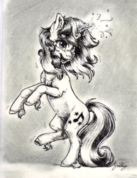 Size: 1653x2145 | Tagged: safe, artist:gaelledragons, oc, oc only, pony, unicorn, black and white, female, grayscale, horn, mare, monochrome, rearing, solo, traditional art, unshorn fetlocks