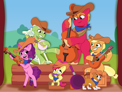 Size: 2521x1907 | Tagged: safe, artist:prixy05, apple bloom, applejack, big macintosh, granny smith, sugar belle, winona, dog, earth pony, pony, unicorn, g4, g5, my little pony: tell your tale, apple family, applejack's hat, backdrop, band, bandana, banjo, bass guitar, bipedal, bow, box, brother and sister, brown hooves, clothes, cowboy hat, curtains, family band, female, fiddle, fiddle bow, filly, foal, frying pan, g4 to g5, generation leap, granny smith's shawl, green coat, guitar, harmonica, hat, horn, husband and wife, male, mare, musical instrument, open mouth, orange coat, purple coat, purple hooves, purple mane, purple tail, red coat, red mane, red tail, rocking chair, shawl, siblings, sisters, smiling, stage, stallion, tail, tail bow, tell your tale accurate, unshorn fetlocks, yellow coat