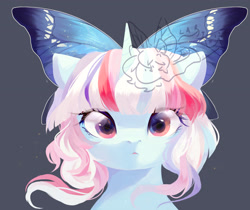 Size: 2880x2420 | Tagged: safe, artist:larix-u, oc, oc only, pony, unicorn, bust, female, gray background, horn, mare, simple background, solo, watermark