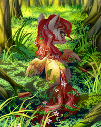 Size: 1102x1378 | Tagged: safe, artist:holivi, oc, oc only, pegasus, pony, g4, cattails, female, flower, flower in hair, forest, freckles, jungle, looking at you, looking back, looking back at you, mare, nature, outdoors, partially submerged, pond, rear view, reeds, signature, smiling, solo, spread wings, swamp, tree, water, wings