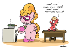 Size: 2410x1626 | Tagged: safe, artist:bobthedalek, phyllis cloverleaf, sprout cloverleaf, earth pony, pony, g5, my little pony: a new generation, spoiler:g5, adoraphyllis, colt, colt sprout cloverleaf, cooking, cute, duo, duo male and female, female, foal, glasses, inconvenient sprout, jewelry, male, mare, mother and child, mother and son, necklace, oven, pan, pestering, phyllis cloverleaf is not amused, pot, stove, table, unamused, younger