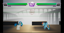 Size: 1169x598 | Tagged: safe, artist:alethila, dj pon-3, rainbow dash, vinyl scratch, fighting is magic, g4, reflections, bridge, fog, game, game screencap, gameplay, hud, shadow, unreal engine