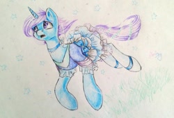 Size: 1592x1080 | Tagged: safe, artist:amishy, diamond mint, pony, unicorn, g4, clothes, dress, female, horn, mare, solo, traditional art