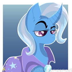 Size: 1640x1639 | Tagged: safe, artist:bluemoon, trixie, pony, unicorn, g4, brooch, cape, clothes, curved horn, ear fluff, eyebrows, female, gradient background, horn, jewelry, looking down, mare, out of frame, passepartout, raised eyebrow, signature, solo, trixie's brooch, trixie's cape, unamused