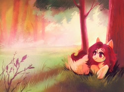 Size: 1934x1450 | Tagged: safe, artist:dearmary, oc, oc only, oc:crimm harmony, pegasus, pony, female, lying down, mare, outdoors, scenery, smiling, solo, tree