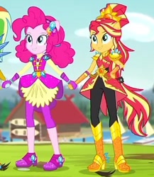 Size: 386x445 | Tagged: safe, screencap, pinkie pie, sunset shimmer, human, equestria girls, g4, boots, clothes, cropped, crystal guardian, duo, duo female, female, gloves, high heel boots, holding hands, outdoors, shoes