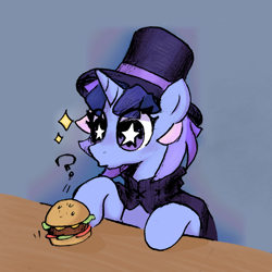 Size: 1080x1080 | Tagged: safe, artist:mirio_p2, oc, oc only, oc:flawless sparklemoon, my little pony the movie: the death of twilight sparkle, burger, digital art, food, fusion, fusion:trixie, fusion:twilight sparkle, fusion:twixie, hat, solo, starry eyes, stars, wingding eyes