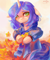 Size: 2248x2706 | Tagged: safe, artist:utauyan, oc, oc only, pony, unicorn, autumn leaves, clothes, female, horn, leaves, mare, outdoors, scarf, solo