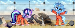 Size: 4096x1575 | Tagged: safe, artist:schwinarts, starlight glimmer, trixie, pony, unicorn, g4, axe, ball and chain, bipedal, breaking, clothes, commissioner:rainbowdash69, fence, horn, horn ring, jumpsuit, magic suppression, never doubt rainbowdash69's involvement, prison outfit, prisoner, prisoner sg, prisoner tx, ring, rock, shirt, sky, undershirt, weapon, yard