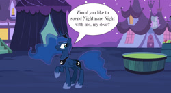 Size: 2396x1307 | Tagged: safe, artist:csillaghullo, artist:looseknot, princess luna, alicorn, pony, g4, bronybait, nightmare night, outdoors, ponyville, solo, speech bubble, talking to viewer